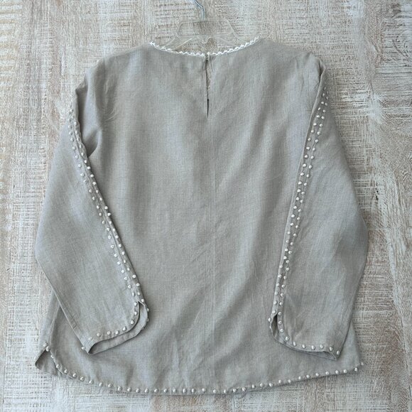 J. Crew 100% Linen Top/Shirt Embroidered French Knot Tan/Beige Womens Tunic 8 - Picture 9 of 10